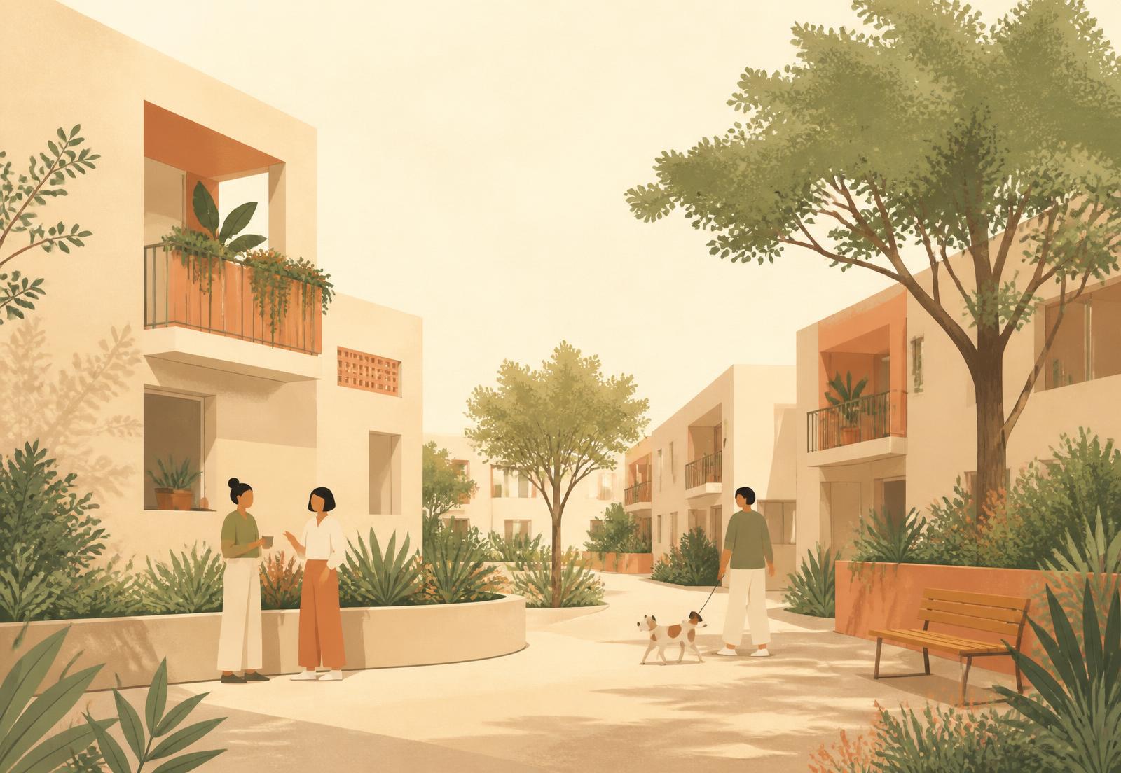 Illustration of neighbours chatting and walking a dog in a sunlit apartment courtyard
