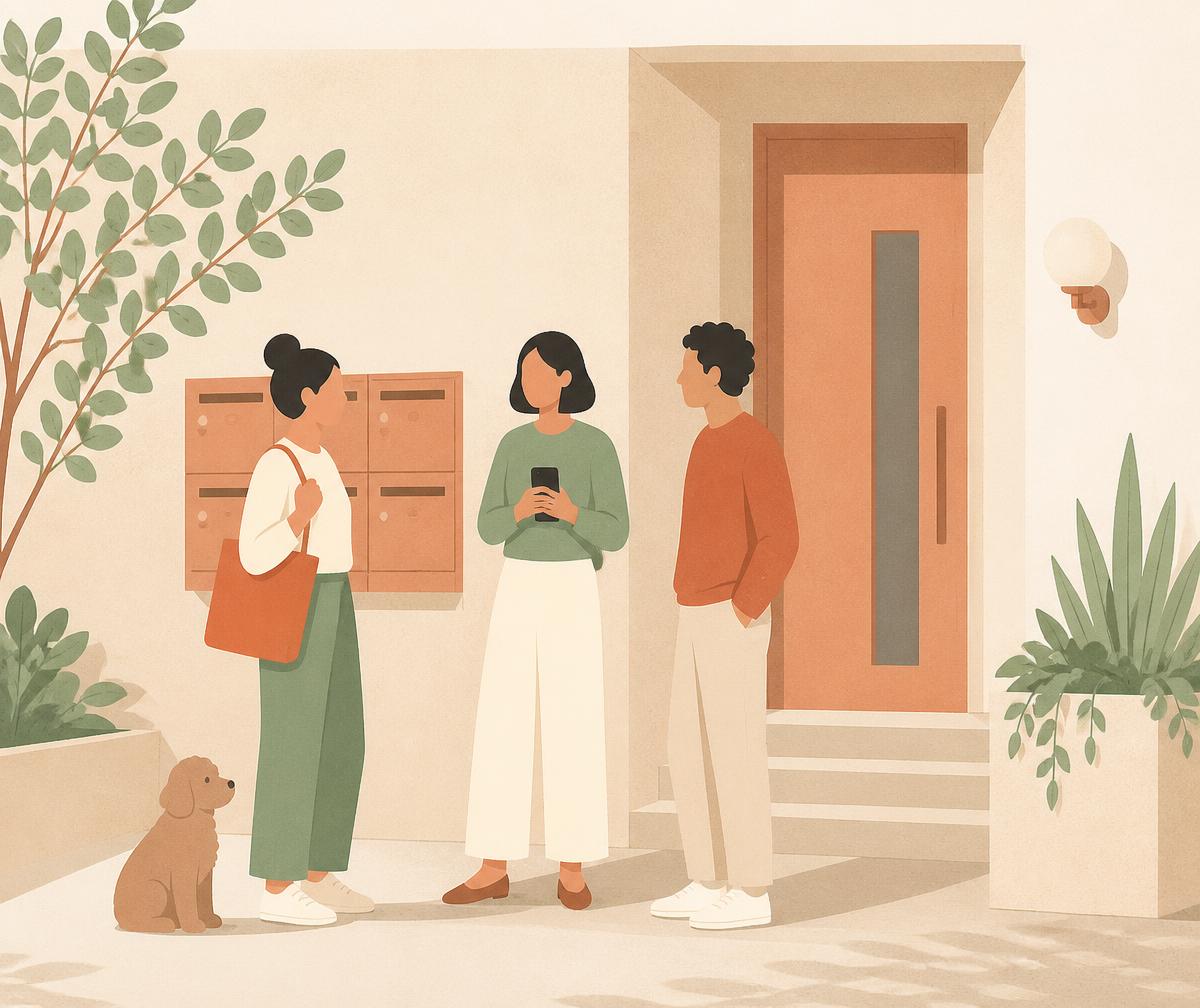 Illustration of three neighbours chatting by the letterboxes with a dog nearby